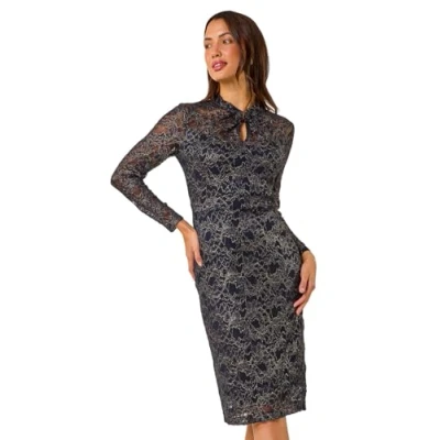 Image of Roman Originals Lace Twist Midi Dress for Women UK Ladies Everyday Autumn Winter High Neckline Comfy Soft Evening Vacation Work Party Night Out Navy Size 16