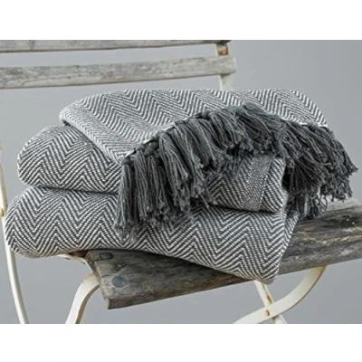 Image of EHC Herringbone King Size 100% Cotton Throws for Sofa Bed Blanket Throw, 220 x 250 cm Grey