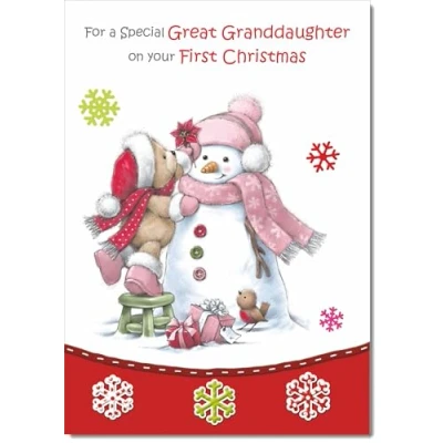 Image of doodlecards Great Granddaughters 1st First Christmas Card Cute Bear with Snowman Medium Size for Plain Envelope