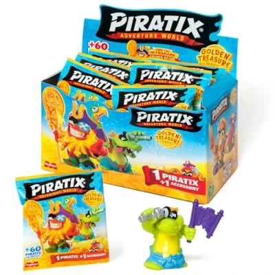 Image of PIRATIX,ADVENTURE WORLD Golden Treasure Series Box of 24 surprise blind bags with collectible pirate figures from the Series, each envelope contains 1 Piratix and accessory
