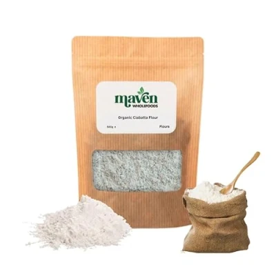 Image of Maven wholefoods Organic Ciabatta Flour 500g Raw GMO Free High Fibre &amp; Protein Certified Suitable for Vegetarian Vegan Packed Fresh in Resealable Bags (500g)