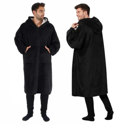 Image of Sienna Extra Long Oversized Blanket Hoodie Wearable Throw with Pockets Sleeves Soft Sherpa Fleece Giant Sweatshirt, Black
