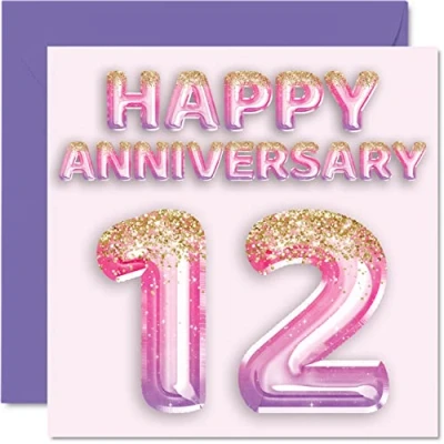 Image of Pretty Silk Anniversary Card for Wife Girlfriend Husband Boyfriend Pink Purple Glitter Balloons Happy 12th Cards from Family, 145mm x Greeting Twelfth Anniversaries