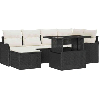 Image of vidaXL 7 Piece Garden Sofa Set with Cushions Black Poly Rattan