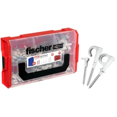 Image of fischer FixTainer DuoPower + EasyHook Screw TX, Set of Various Hooks, Dowels, Cover Caps and Screws, Flexible Hooks for Mounting in Numerous Building Materials, 228 Pieces