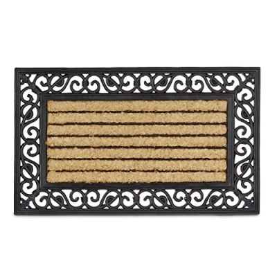 Image of Relaxdays Coir and Rubber Doormat with Stripe Floral Pattern, Large Weather Proof Welcome Mat Striped Floor Anti Slip Underside for Outdoor Use, Cast Iron Look, Brown &amp; Black