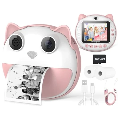 Image of HelloBaby Instant Print Camera for Kids, 3.2&#039;&#039; IPS Screen Kids Cameras, Portable Travel Toy 3 12 Years Old with 16GB SD Card, 1080P HD Digital Video Cameras Toddler, Pink