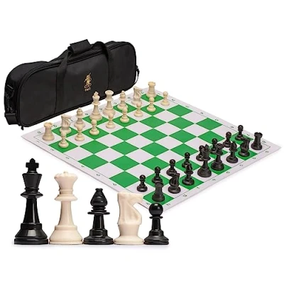 Image of Yellow Mountain Imports Regulation Tournament Roll Up Staunton Chess Game Set (50 centimeter) with Travel Bag, 2 Extra Queens, and Weighted Chessmen Green