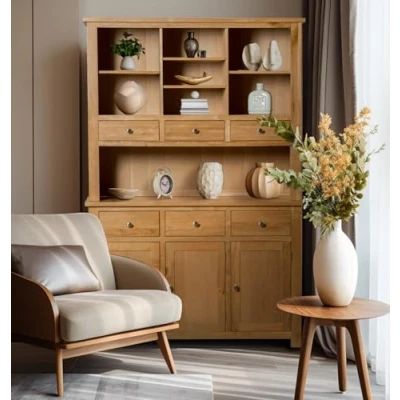 Image of Hallowood Furniture Waverly Large Display Cabinet, Solid Wooden Dresser, Sideboard with Top, Light Oak Cabinet 6 Drawers and Storage Cupboard for Kitchen Living Room