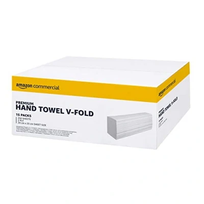 Image of AmazonCommercial V Fold Paper Hand Towels, 2 ply Deinked, 3750 Sheets (15 packs of 250), Sheet Size: 24 cm x 23 cm, White