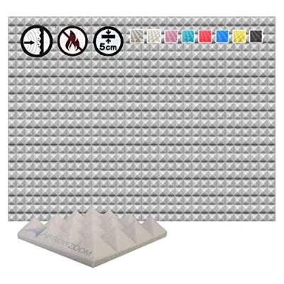 Image of Arrowzoom 48 Acoustic Panels Pyramid Sound Absorbing Treatment Tiles 25x25x5cm Recording Studio Noise Cancellation 26kg/m3 High Density Acoustical Dampening Fire Retardant 1034 GRAY
