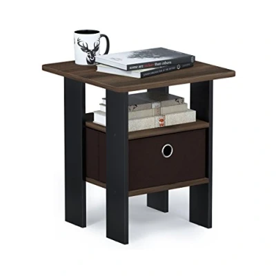 Image of Furinno Andrey End Table, Side Nightstand with Bin Drawer, Columbia Walnut/Dark Brown