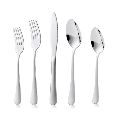 Image of KitchenBoss Cutlery Set for 4 People: Knife and Fork Sets 20 Pieces, Stainless Steel Set, Flatware Dishwasher Safe, Mirror Polished, Silver