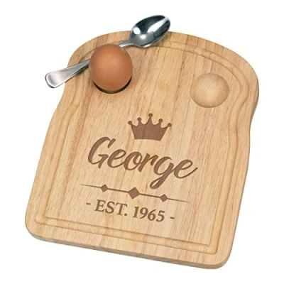 Image of Personalised Dippy Egg Cup Board Crown Est Date Any Name Breakfast Wooden Custom Easter