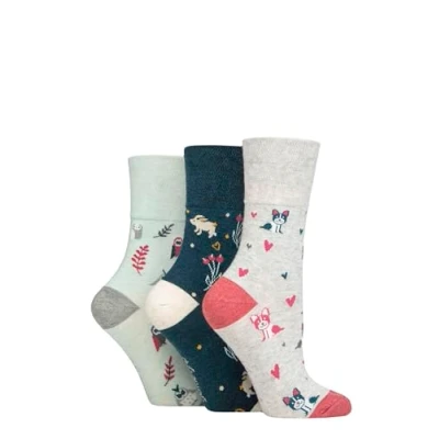 Image of SockShop Gentle Grip Ladies Floral Spotted Patterned and Striped Honeycomb Top Cotton Socks in a Multipack of 3 Assorted Colours Size 4 8 Dogs/Owl/Bunny