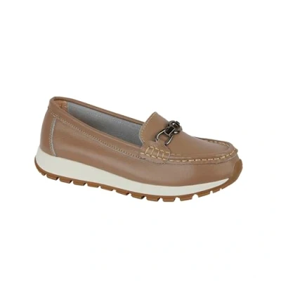 Image of Jo &amp; Joe Ladies Casual Slip On Smooth Leather Comfort Sporty Wedge Loafer with Chain Trim Sizes 4 8 (Latte, UK Footwear Size System, Adult, Women, Numeric, Medium, 6)
