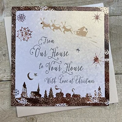 Image of White Cotton Cards C1 OH&quot;from Our House to Your House&quot; Handmade Christmas Card,bluegrey,16 x 16 cm