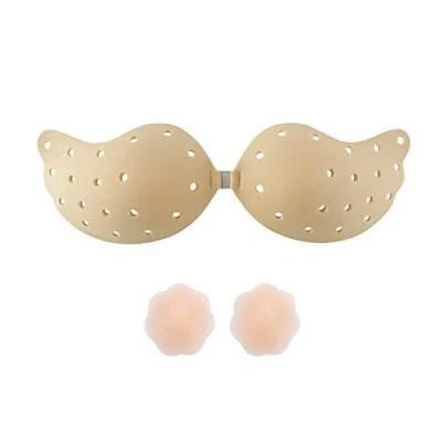 Image of HSAJS Strapless Bra Invisible Adhesive Breathable Stick On Silicone Bra,Sticky Backless Push Up Comfortable Cup &amp; 2Pcs Nipple Covers Padded for Swimsuit Women (B)