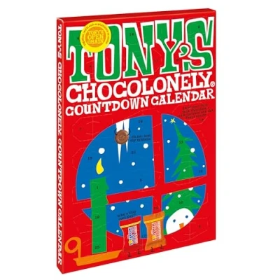 Image of Tony&#039;s Chocolonely Smaller Advent Calendar Christmas Countdown, 24 Milk Chocolate &amp; Caramel Sea Salt Tiny Tony&#039;s, Vegetarian, Belgian Fairtrade Chocolate, 216g