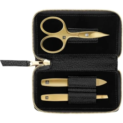 Image of Zwilling Manicure Set (3 Pieces, Black Genuine Leather Case, Care for Hands and Feet, Travel Set, with Nail Scissors), Premium, Gold Edition