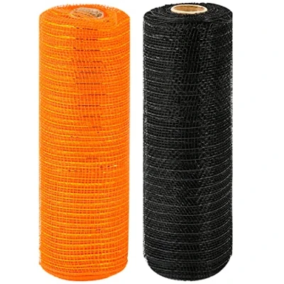 Image of Euvoym 2 Rolls Halloween Deco Mesh Ribbon Metallic Foil Orange Black Poly Wrapping for DIY Crafts Wreaths Swags and Decorating
