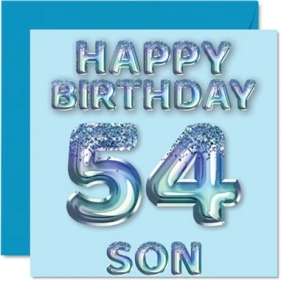 Image of 54th Birthday Card for Son Blue Glitter Party Balloons Happy Cards 54 Year Old from Mum Dad Parents, 145mm x Bday Greeting Gift
