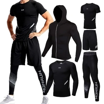 Image of BOOMCOOL 5Pcs Gym Clothes Men Tracksuit Sets Running Wear Compression Shirts Sleeve Tops Jackets Long Suits Leggings Shorts Sports Activewear for Athletic Workouts L