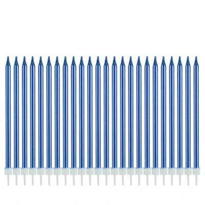 Image of Metallic Happy Birthday Candles Tall Cake Holders Long Thin Cupcake Topper for Wedding Party Decoration (24pcs Blue)
