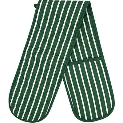 Image of Double Oven Gloves Butcher Quilted Stripe Heat Resistant Mitts Pot Holder Mitt 100% Cotton For Baking and Cooking Green Glove