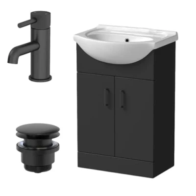 Image of Affine® 560mm Bathroom Vanity Unit Ceramic Sink Floorstanding Storage Cabinet Cupboard &amp; Black Fluted Basin Tap Waste Set, Matt