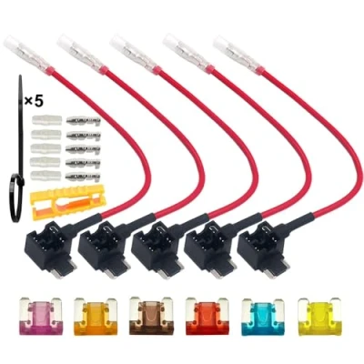 Image of QitinDasen 5Pcs Premium ACN Low Profile Add A Circuit Fuse Tap, Piggy Back Blade Holder Kit with Wire Harness, Free 6Pcs Micro Fuses, 1Pcs Puller, Ties (12V / 24V)