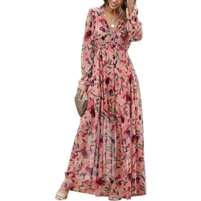 Image of Women Bohemian Maxi Dress Chiffon Long Sleeve V Neck Ruffle Elegant Flowy Floral Party (M, Multicoloured)