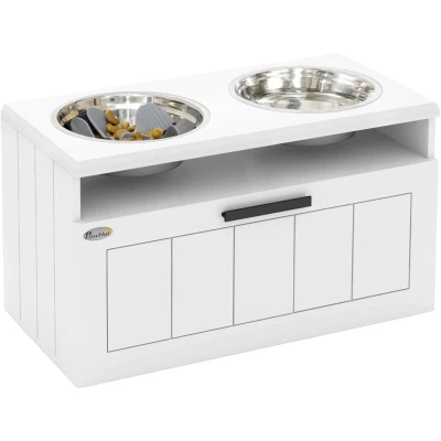 Image of PawHut Raised Dog Bowl, Elevated Bowls with Slow Feeder Bowl &amp; 2 Stainless Steel Bowls, 25L Storage Drawer, Feeding Station for Large Extra Dogs, White