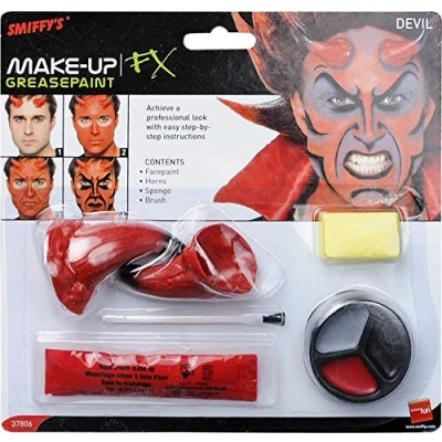 Image of Smiffys Make Up FX, Devil Kit, Red Grease, with Face Paint, Horns &amp; Sponge, Cosmetics and Disguises Fancy Dress, Dress Disguises.