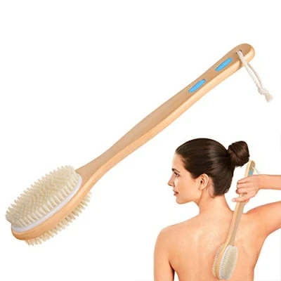 Image of URAQT Body Brush Back Scrubber, Long Handle Bath Shower with Soft and Stiff Bristles, Double sided Head for Wet or Dry Brushing, Exfoliating Massage