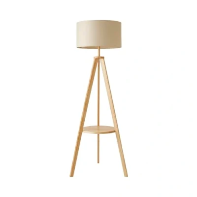Image of MiniSun Modern Light Wood Tripod Design Floor Lamp with Storage Shelf &amp; Beige Drum Shade Complete a 6w LED Bulb [3000K Warm White]