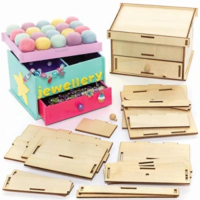 Image of Baker Ross Wooden Jewellery Box Kits Pack of 2, Wood Crafts for Children (FC548)