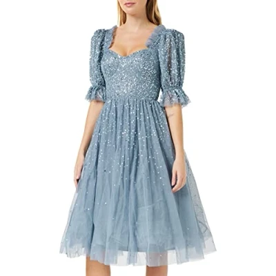 Image of Maya Deluxe Women&#039;s Ladies Dress Midi Sequin Embellished Frilly Sweetheart Neckline Puffed Sleeves for Wedding Guest Prom Evening, Dusty Blue, 18
