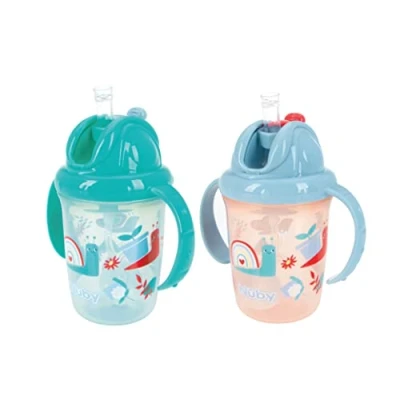 Image of Nuby Flip N Sip Water Bottle No Spill Sippy Cup 240ml / 8oz Twin Handle Weighted Straw Dishwasher Safe Suitable Beaker for 6 Months Plus (Snails, Pack of 2) 048526890422
