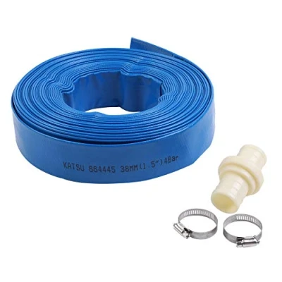 Image of KATSU Layflat Discharge Hose Pipe 20m x 38mm 1 1/2 Inch Diameter with 2 Clips and Quick Coupler Connector, Fits Submersible &amp; Other Water Pumps for Draining Pond, Garden Irrigation, Hot Tub, Pool