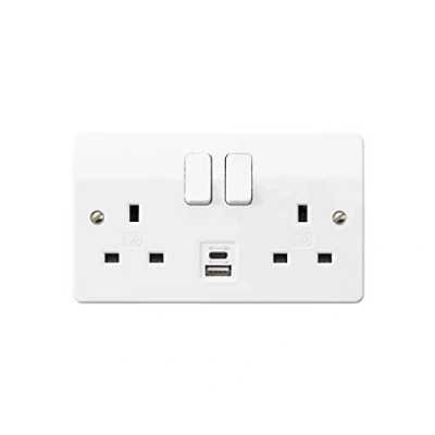 Image of MK (ELECTRIC) Logic Plus Double Socket (K2745WHI) with Dual USB Charging Ports type A and C, (2 Gang, 13A), white