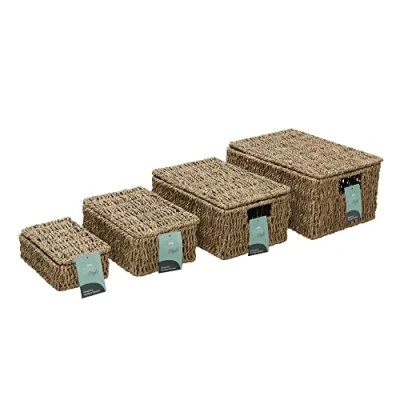 Image of JVL Seagrass Set of 4 Rectangular Lidded Storage Baskets