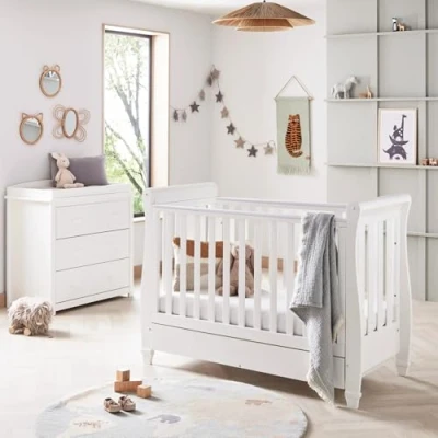 Image of Babymore Eva 2 Piece Nursery Room Set White 1 Baby Cot Bed &amp; Chest Changer With 3 Double Handle Drawers, Wooden Of Drawer Storage Cabinet Furniture