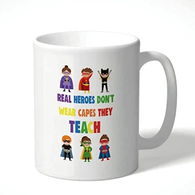 Image of Cheeky Chops Novelty Gift Mug Birthday for Him Her Joke Humour Teacher Real Heroes Don&#039;t Teach They wear Capes KMUG21