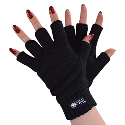 Image of THMO Ladies Thermal Fingerless Gloves Winter Fleece Lined Soft Thinsulate for Women (One Size, Black)