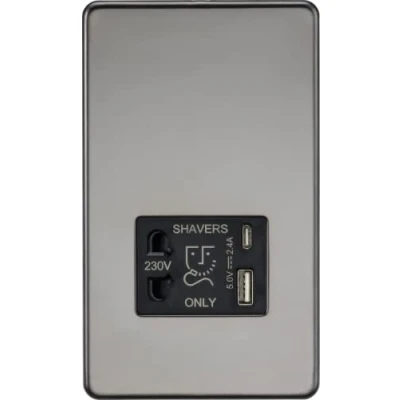 Image of KnightsBridge Shaver socket with dual USB A+C (5V DC 2.4A shared) black nickel