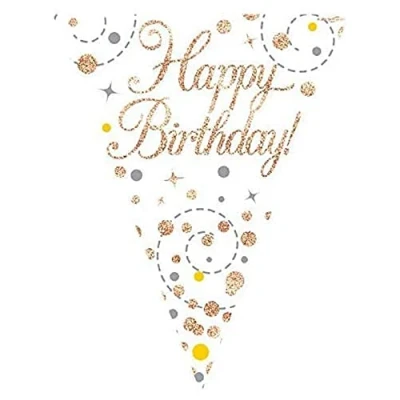 Image of Party Bunting Sparkling Fizz Birthday White &amp; Rose Gold Holographic 11 flags 3.9m