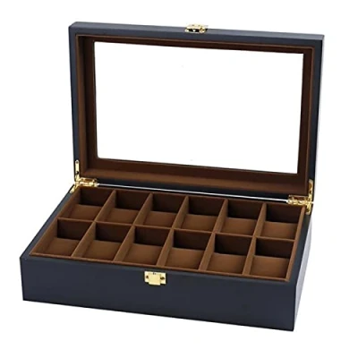 Image of Guolich Watch Storage Box Display Holder Case Solid Wooden Jewelry Bracelet Collection Organiser with Glass Lid Black (12 Slots)