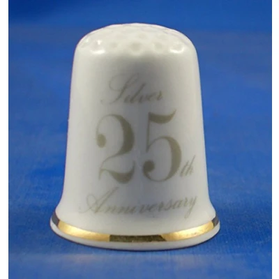 Image of Porcelain China Collectable Thimble 25th Wedding Anniversary Free Dome Box