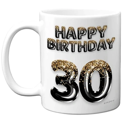 Image of 30th Birthday Gift for Men Black Gold Glitter Balloons Happy Mug Present 30 Year Old Son Brother Colleague Cousin Friend, 11oz Ceramic Dishwasher Safe Coffee Mugs Cup